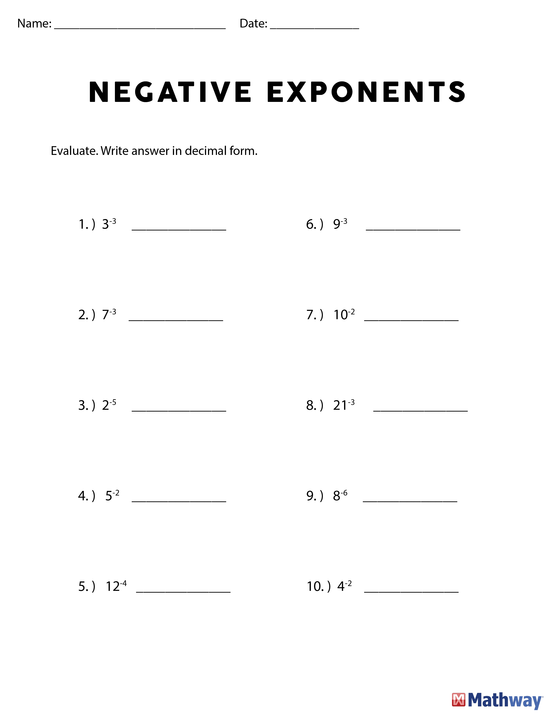 Negative Exponents Worksheet 8th Grade