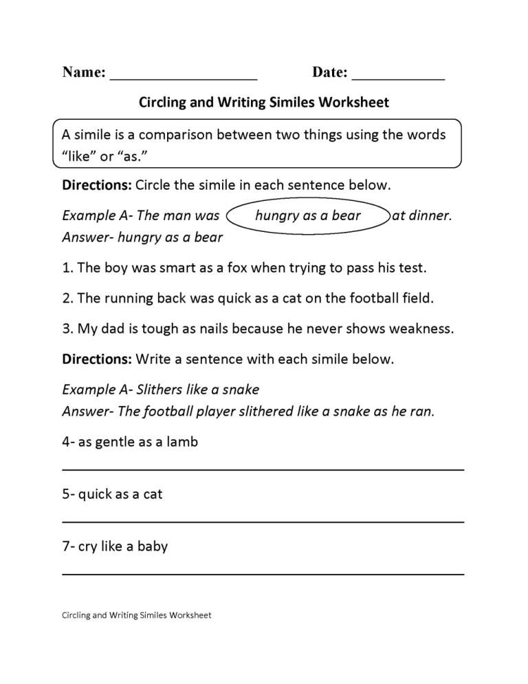 Similes Worksheet With Answers