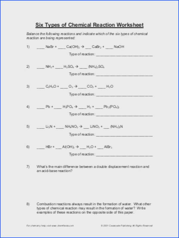 Key Types Of Chemical Reactions Worksheet