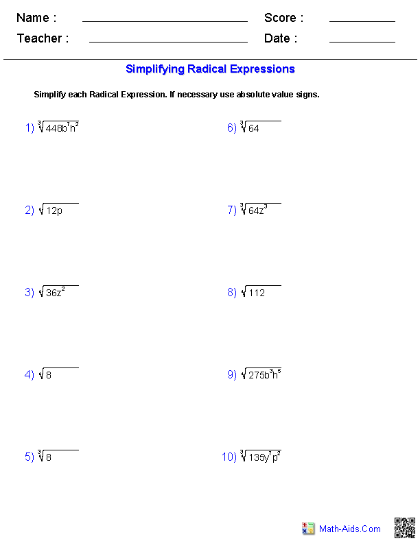 Solving Radical Equations Worksheet