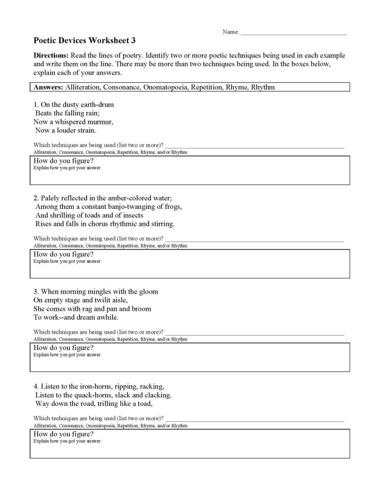 Poetic Devices Worksheet 3