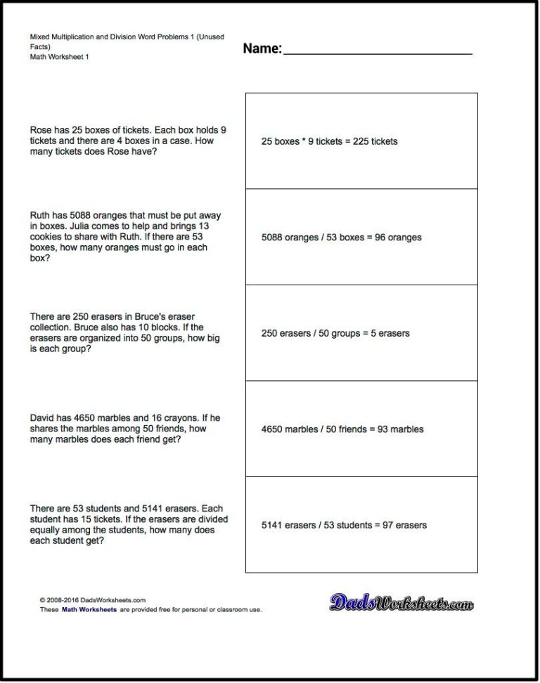 Multiplication And Division Word Problems Worksheet