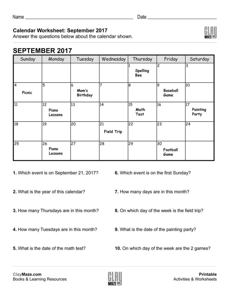 Calendar Worksheets September