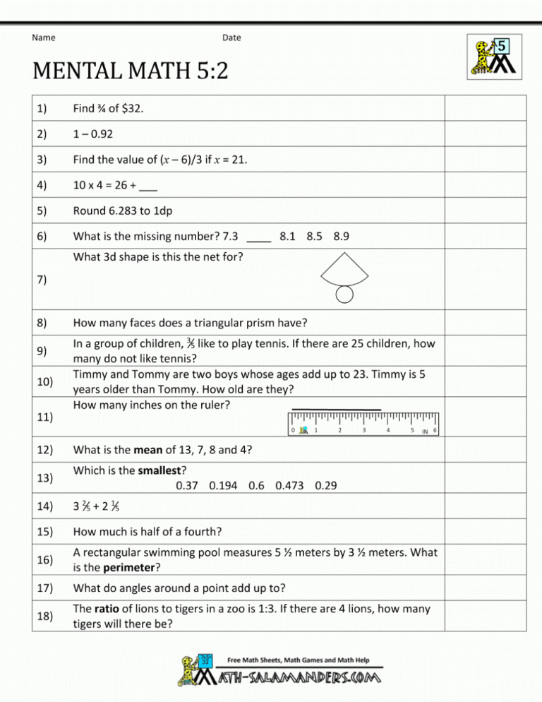 Math Worksheets Grade 5 With Answers