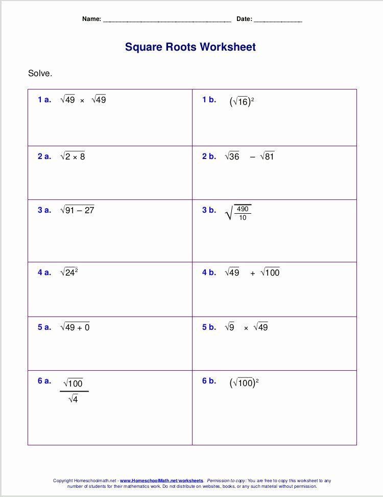 Simplifying Square Roots Worksheet