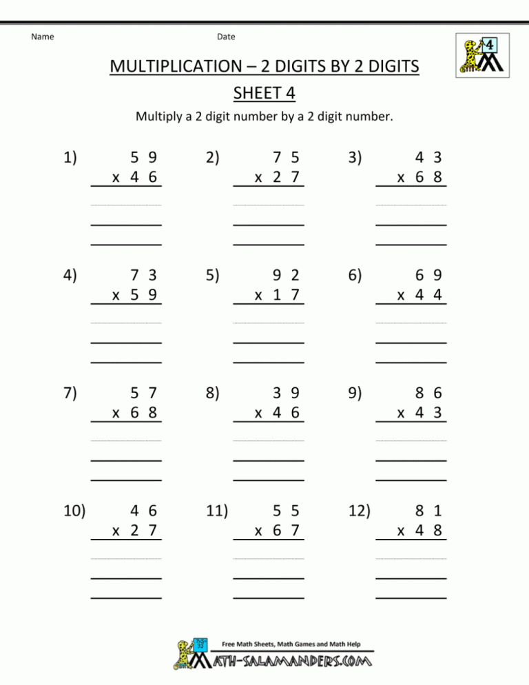 Multiplication Sheets For 4th Grade