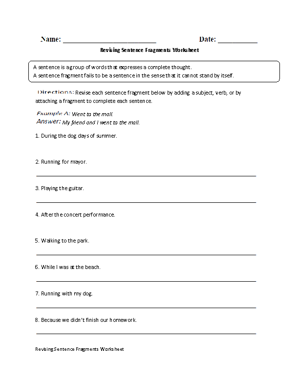 Sentence Fragment Worksheets Grade 2