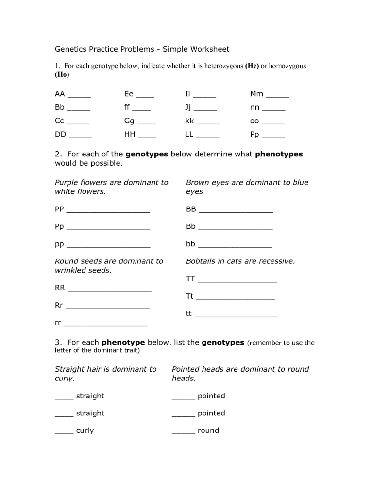 Genetics Practice Problems Worksheet