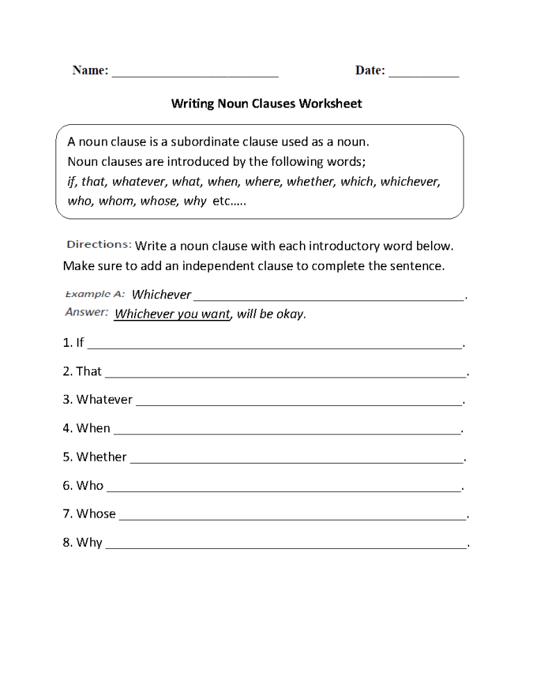 7th Grade Noun Clause Worksheet