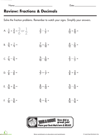 Addition Of Fractions Worksheets With Answers