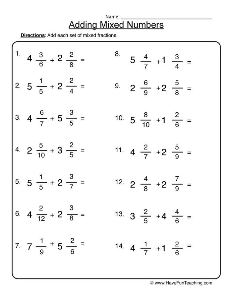 Subtracting Mixed Numbers Worksheets