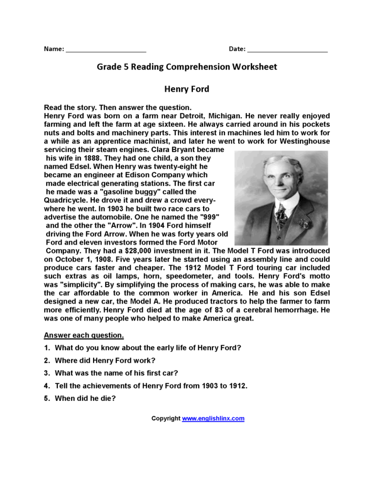 6th Grade Reading Comprehension Worksheets Pdf