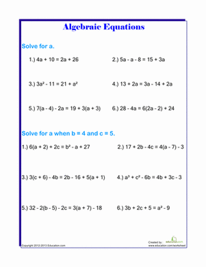 Algebra Solving Equations Worksheets