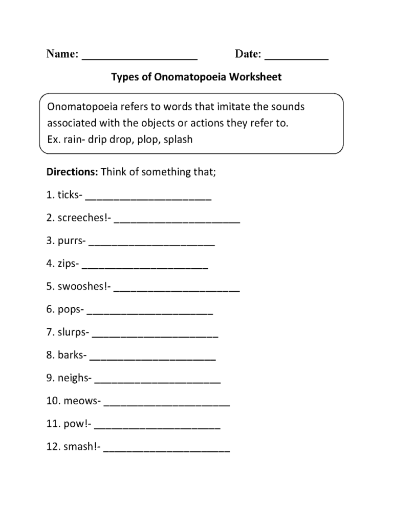 Onomatopoeia Worksheets Grade 5