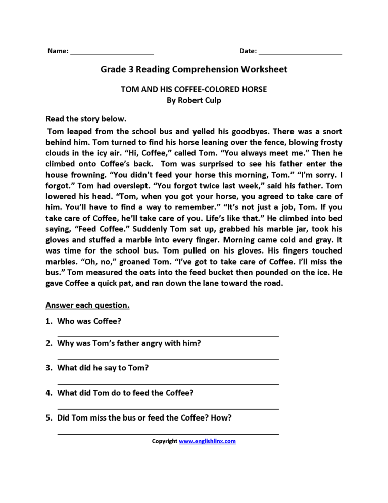 Grade 3 English Worksheets Comprehension