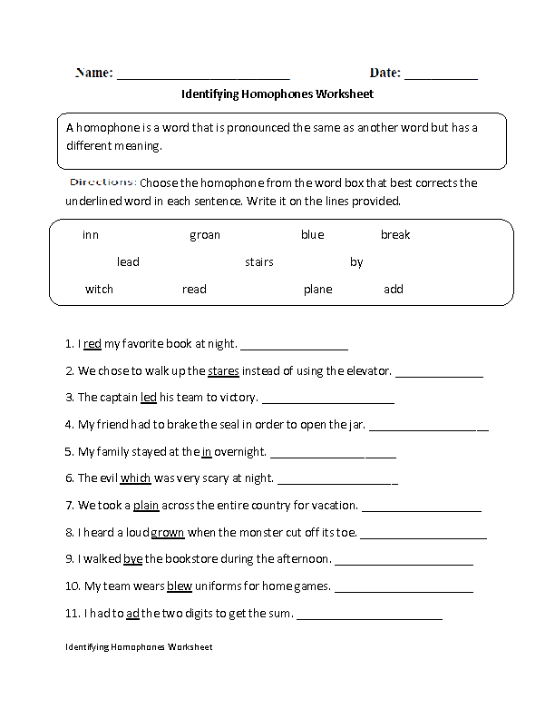 Homonyms Worksheets Grade 6