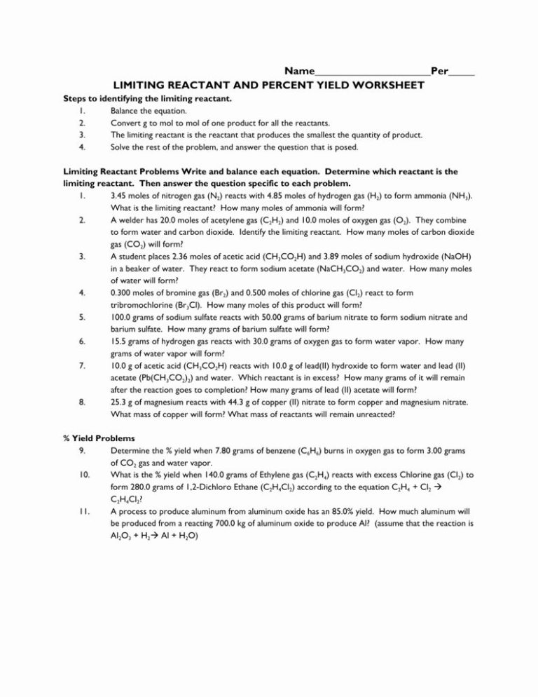 Limiting Reactant And Percent Yield Worksheet Answers