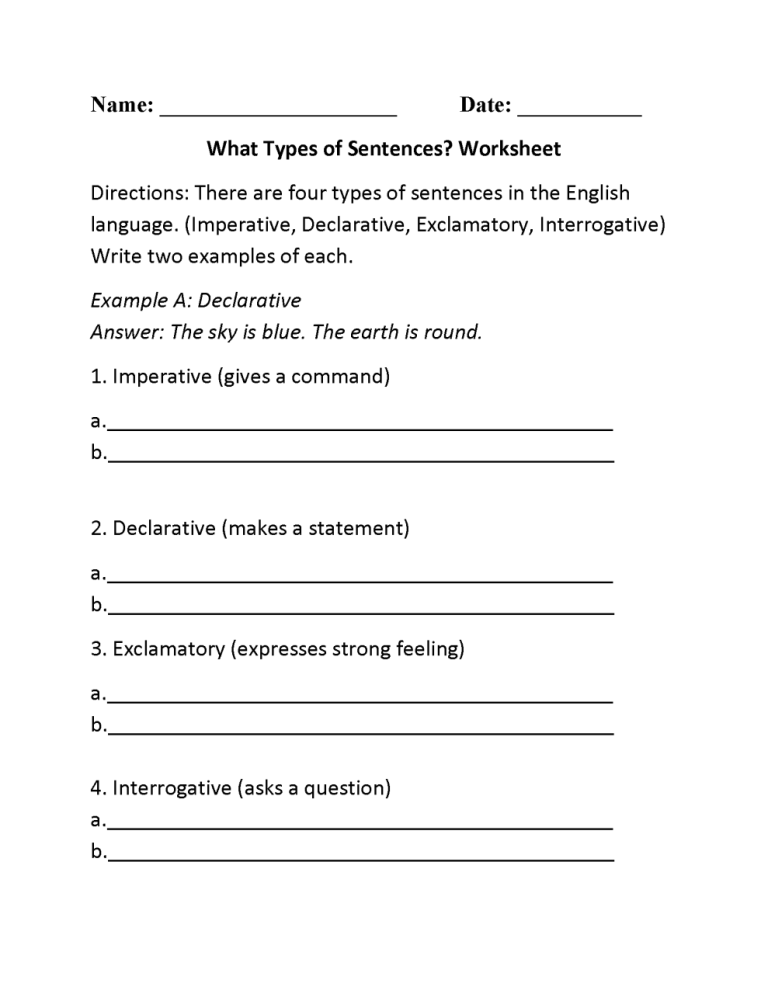 Types Of Sentences Worksheet