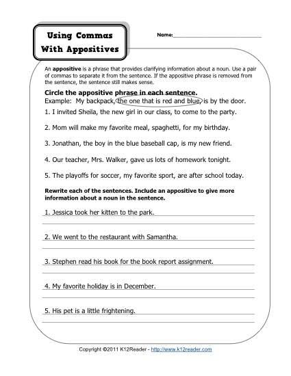 Comma Worksheets 8th Grade