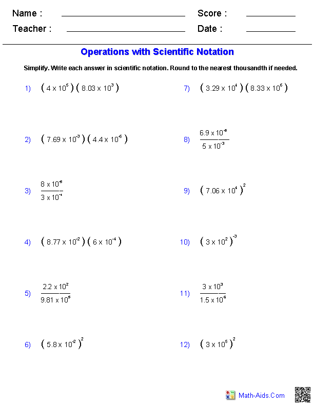 Operations With Scientific Notation Worksheet With Answers