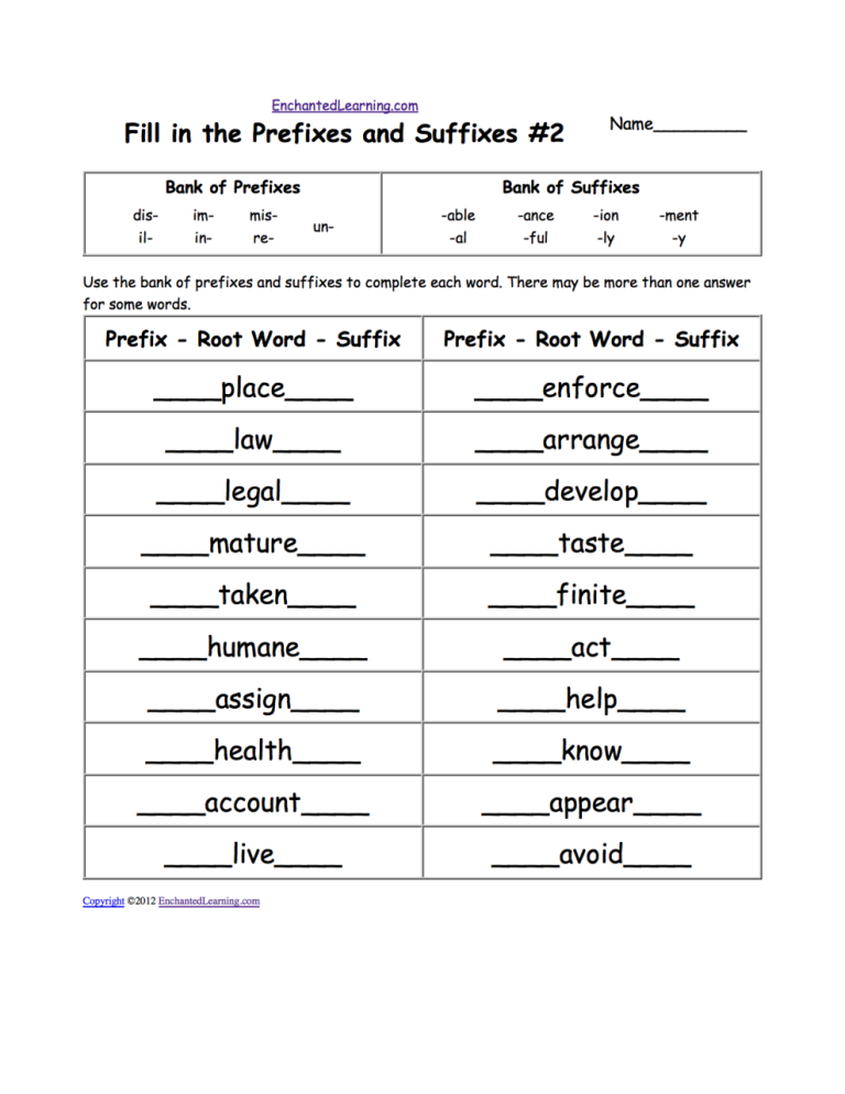 Prefixes And Suffixes Worksheets For Grade 5