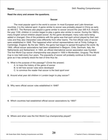 Reading Comprehension Worksheets 6th Grade