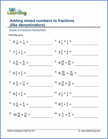 Adding Fractions Worksheets 5th Grade