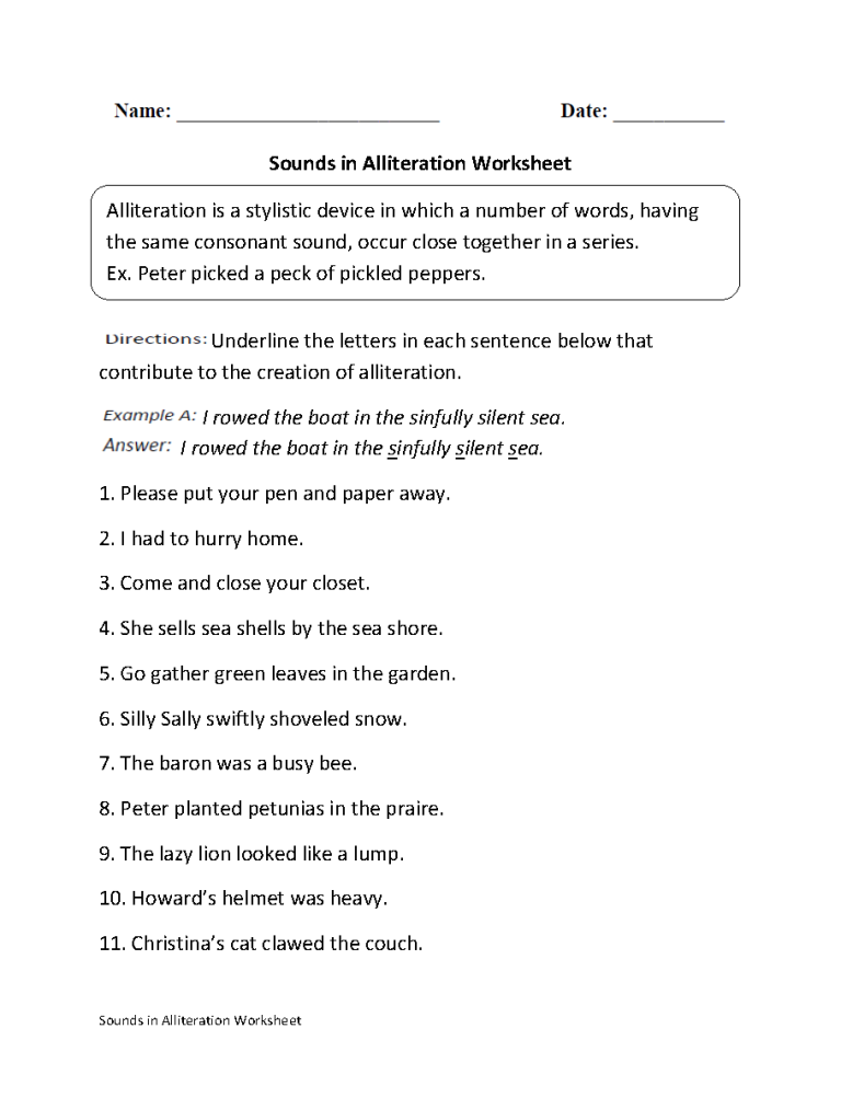 Alliteration Worksheets 2nd Grade