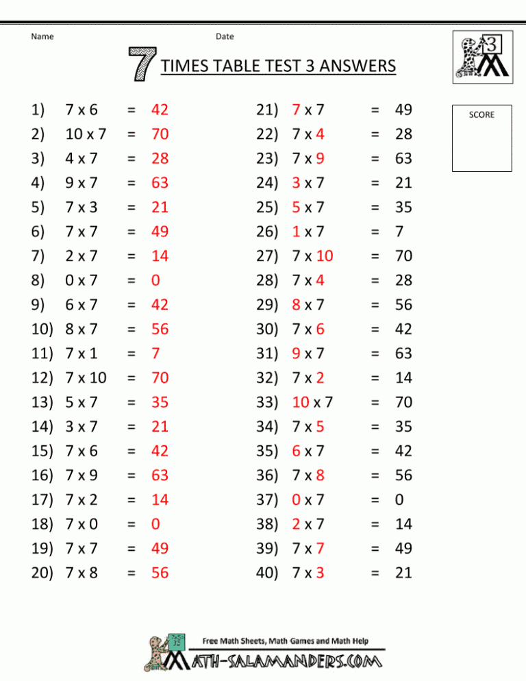 6 Times Table Worksheet With Answers