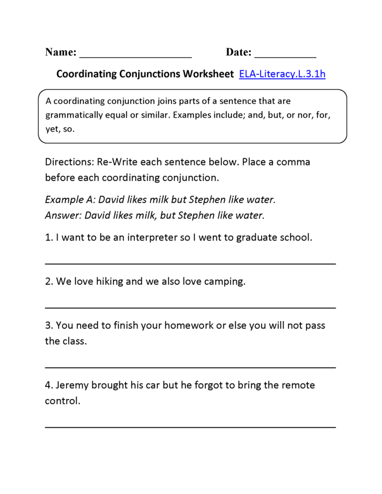 Coordinating Conjunction Worksheet Grade 5