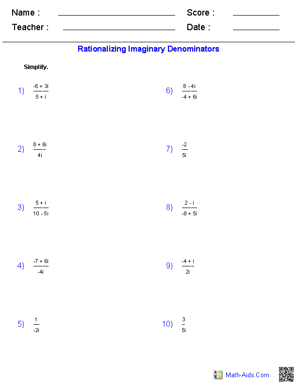 Rationalizing The Denominator Worksheet Pdf