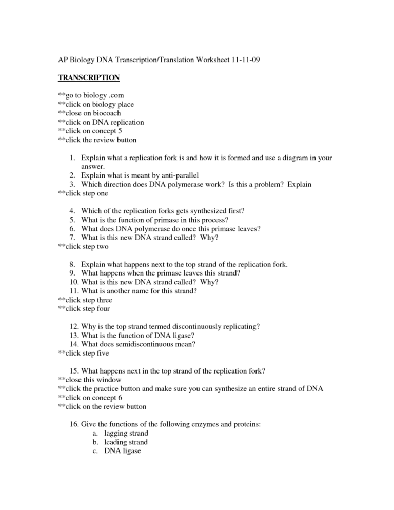 Dna Replication Practice Worksheet Answers