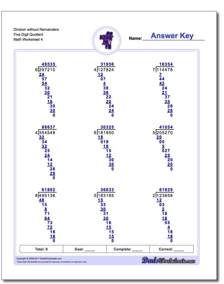 Long Division Problems No Remainders