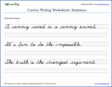 Cursive Handwriting Worksheets Sentences