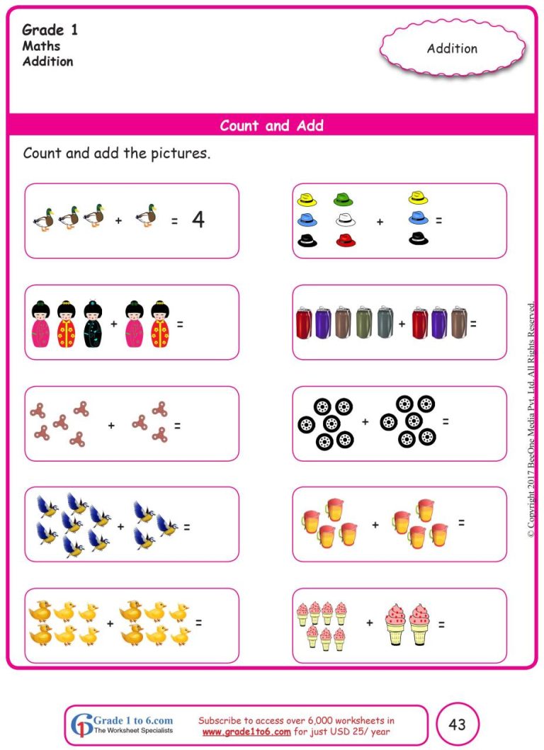 Free Addition Worksheets For Grade 1