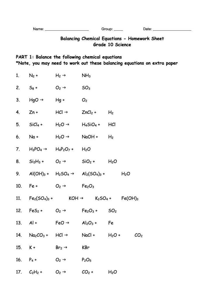 Balancing Equations Questions For Class 8