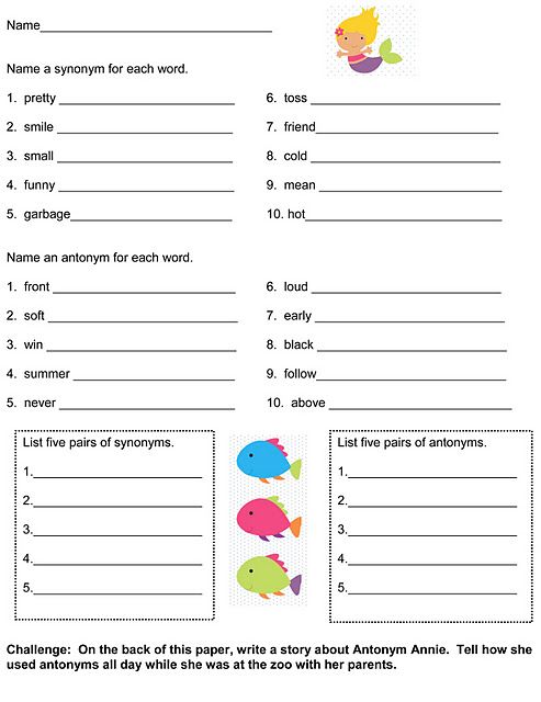 Synonyms And Antonyms Worksheet 4th Grade