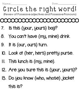 Possessive Pronouns Worksheet 1st Grade