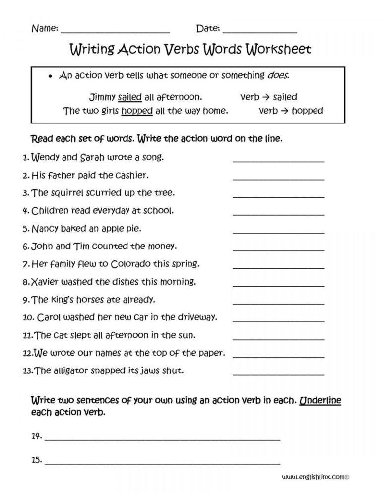 Action Words Worksheets For Grade 2 With Answers