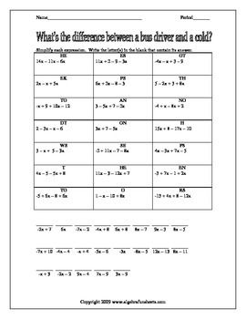 Combining Like Terms Worksheet Answer Key