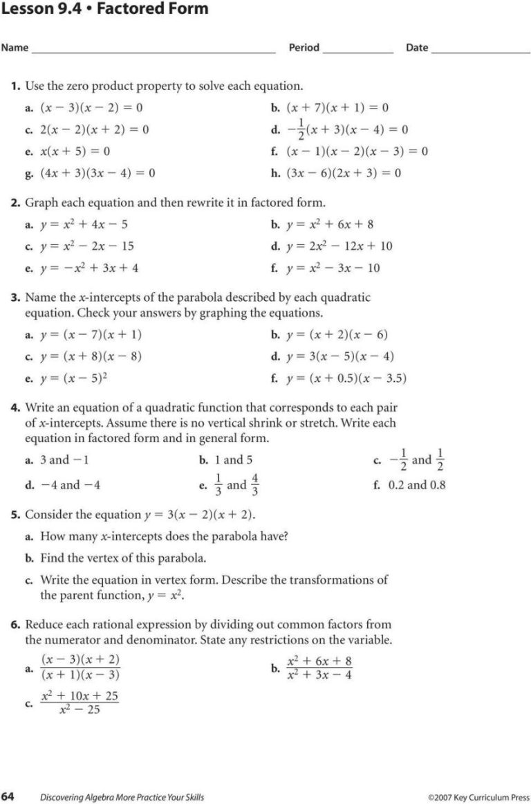 Solving Quadratic Equations By Factoring Worksheet Algebra 2