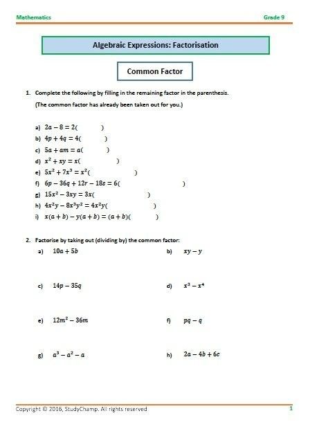 Year 9 Maths Worksheets Algebra