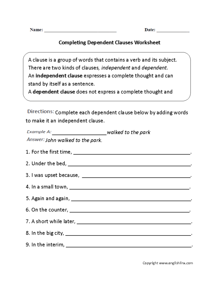 Subordinate Clause Worksheet Ks2