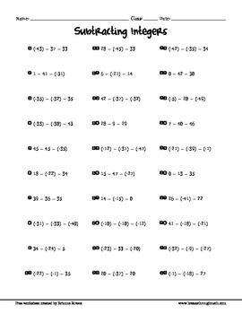 Integers Worksheet Grade 7