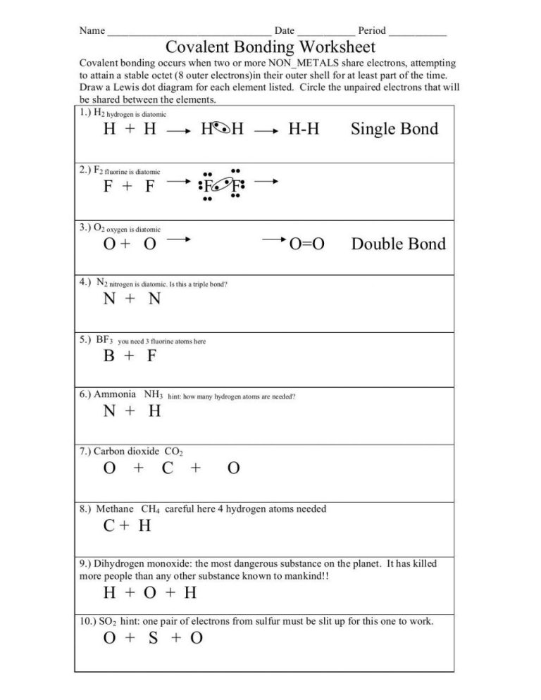 Chemical Bonding Worksheet Answers