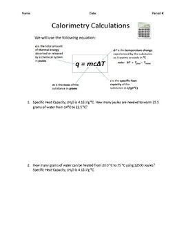 Calculating Specific Heat Worksheet