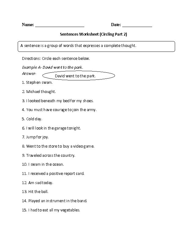 Simple Sentence Worksheets