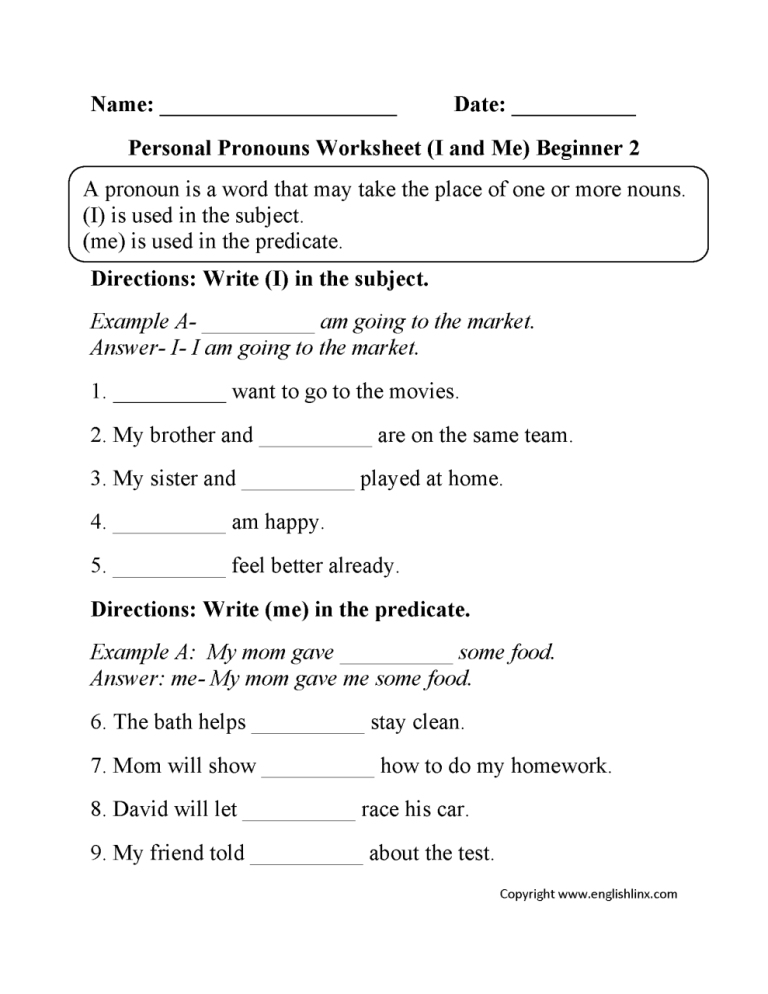 Pronouns Worksheets For Grade 3 Pdf