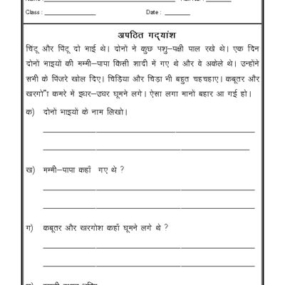 Comprehension For Class 2 In Hindi