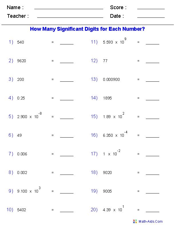 Significant Figures Worksheet 1